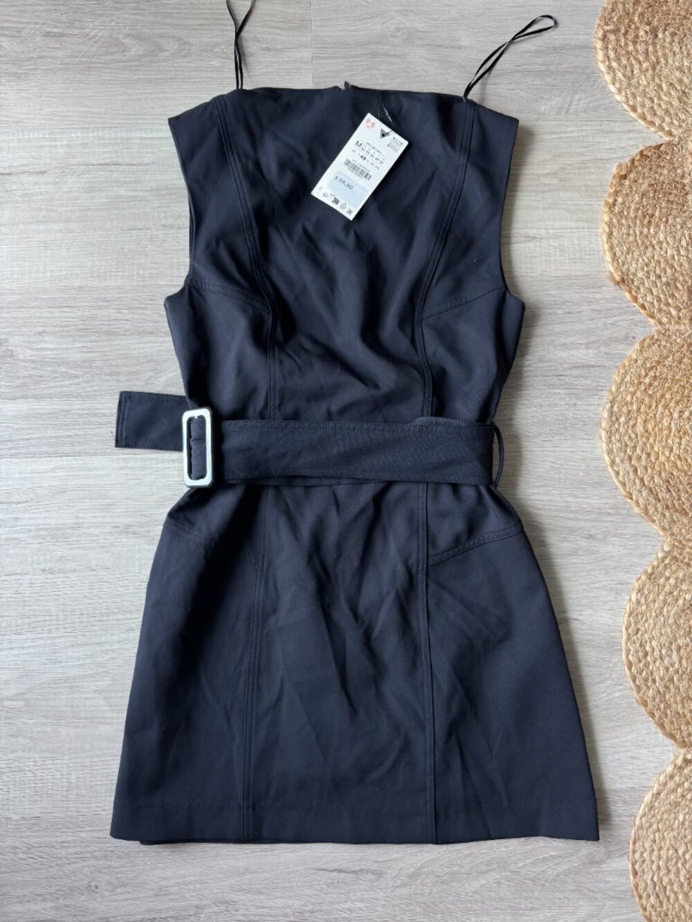 Navy Belted Shift Dress โ Zara Structured Boat Neck NWT M - Picture 2 of 16
